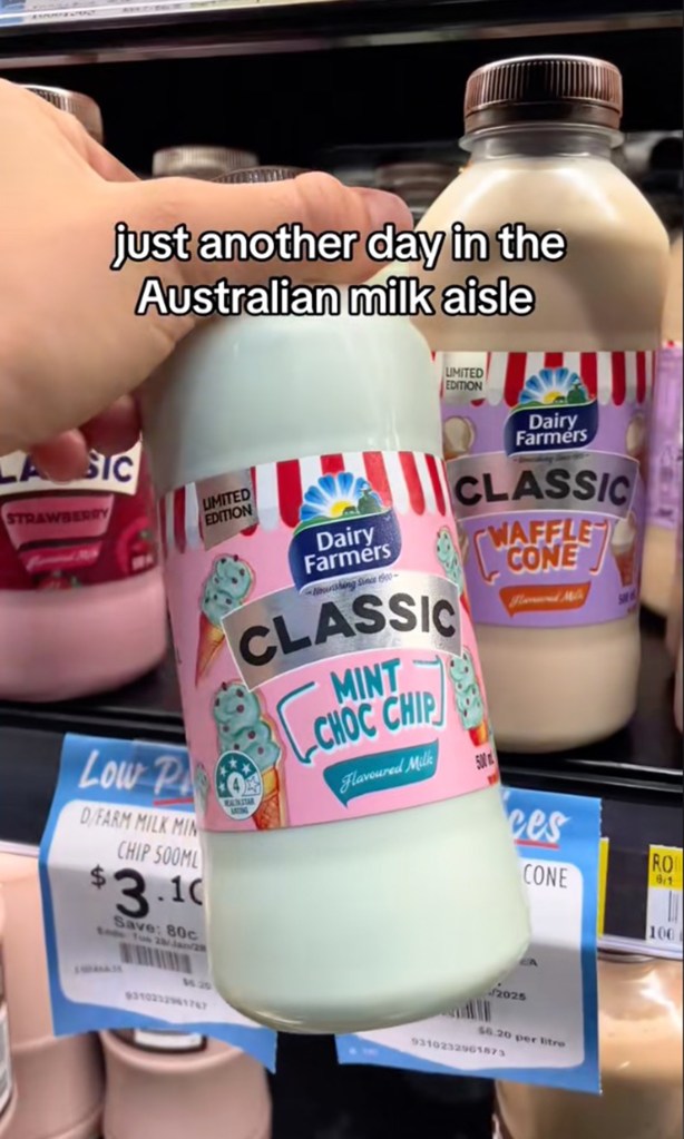 Tikoler holding a bottle of milk with funny aroma at an Australian grocery store