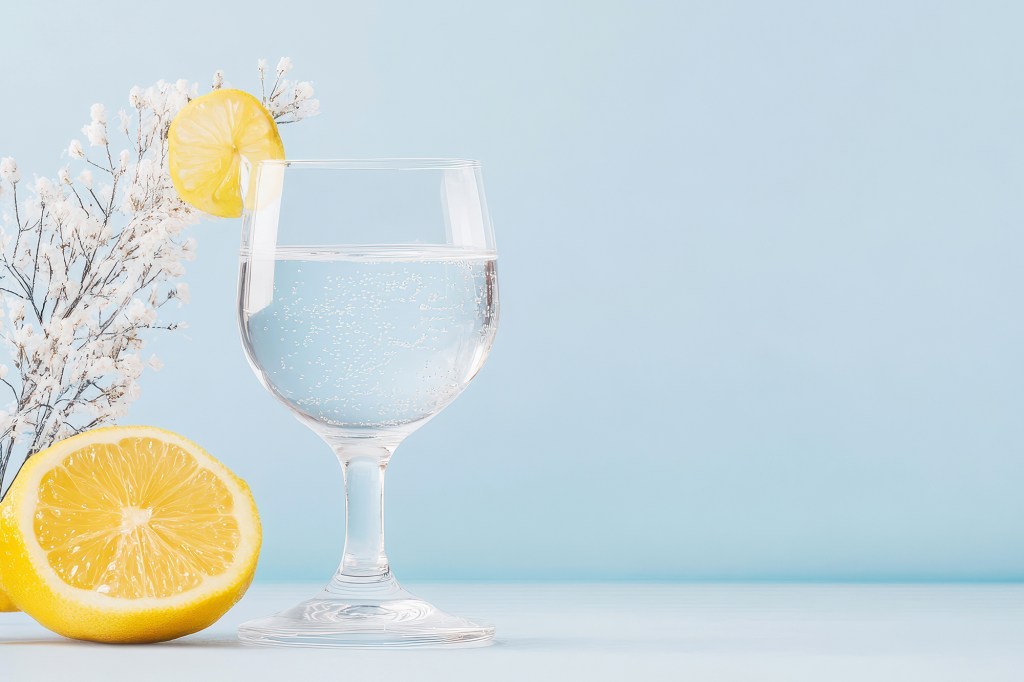 There are many benefits to replacing water with booze in January - and beyond. A glass of water, a sliced lemon and a flower decoration are shown here.