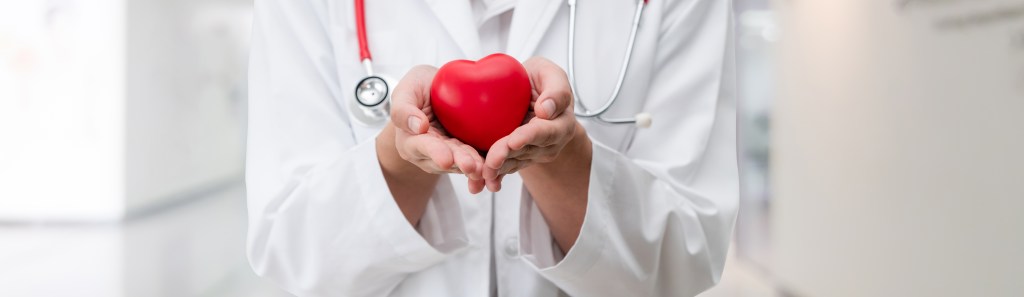 The doctor holding a red heart.