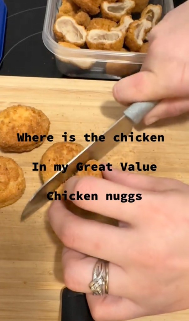 As she cut the chicken nugges in half, she discovered that she was just accompanying the chicken.