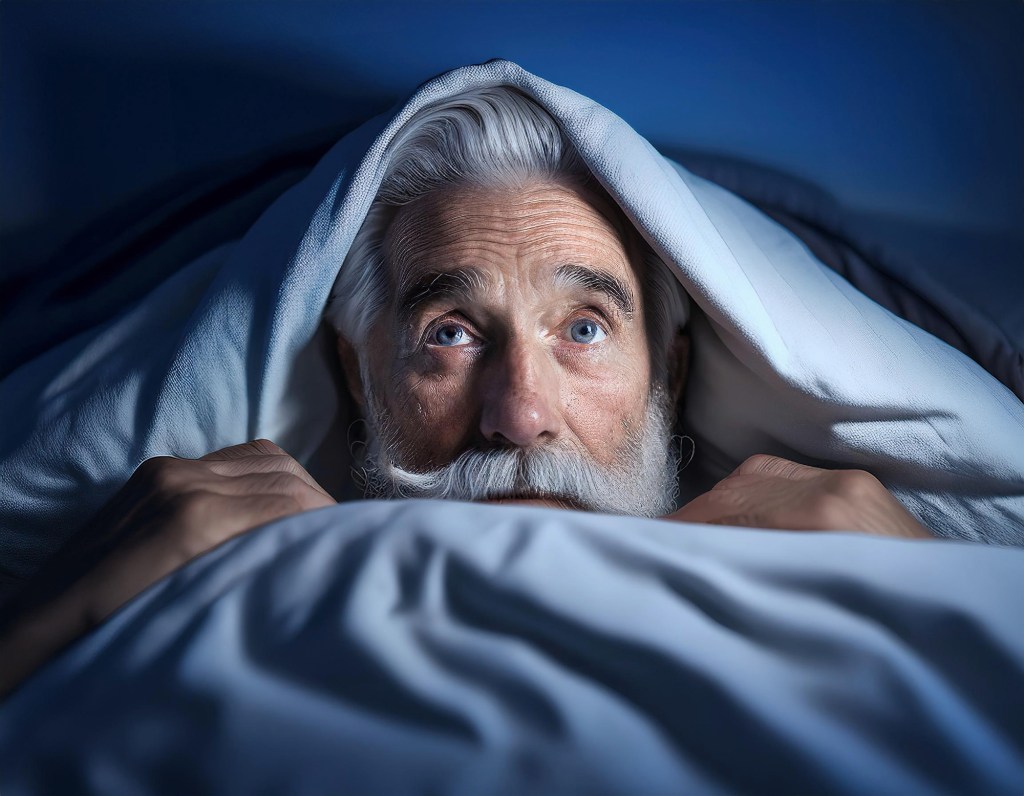 Old man struggling to sleep