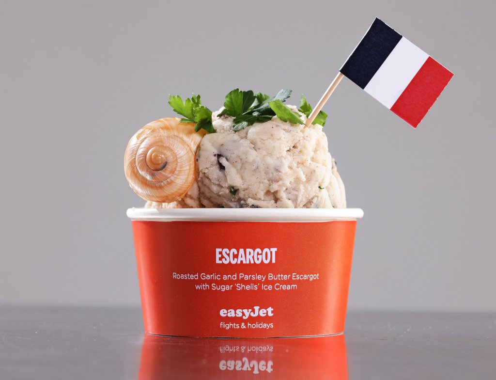 Escargot fragrant ice cream Jet-Laato of Easyjet, with a small flag on top, celebrating the opening of a new base at London Southend Airport.
