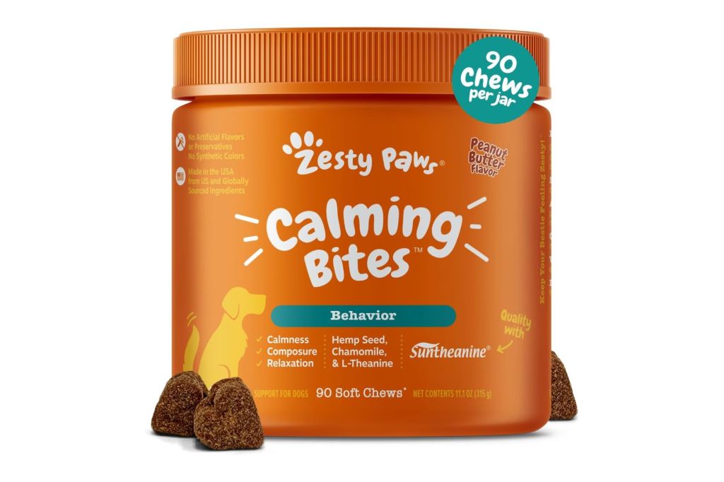 A CBD chewing jar for dogs called soothing bites.