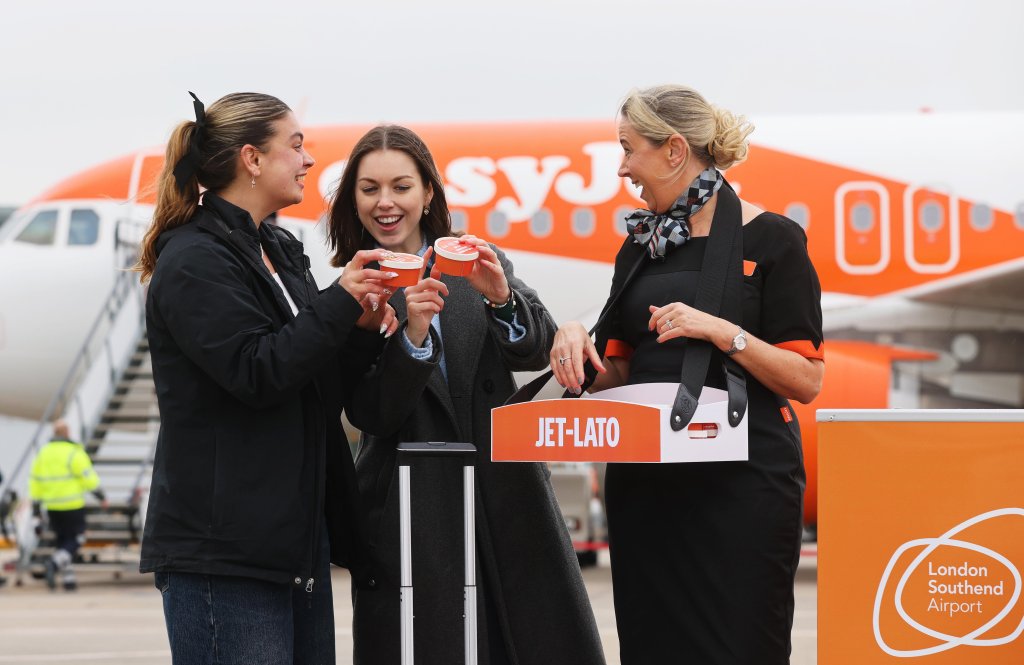 Cabin crew from EASYJets serving fragrant ice cream ice cream for passengers at Southend Airport, including famous Ewa Farna and Nathalie Lambert.